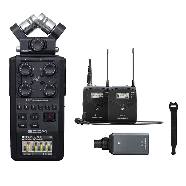 Sennheiser ew 100 ENG G4 Wireless Mic Combo System (A: 516 to 558 MHz) with Zoom H6 All Black Portable Recorder & 10-Pack Straps Bundle