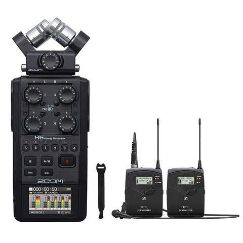 Sennheiser EW 112P G4 Camera-Mount Wireless Omni Lavalier Mic (A: 516 to 558 MHz) with Zoom H6 All Black Portable Recorder & 10-Pack Straps Bundle