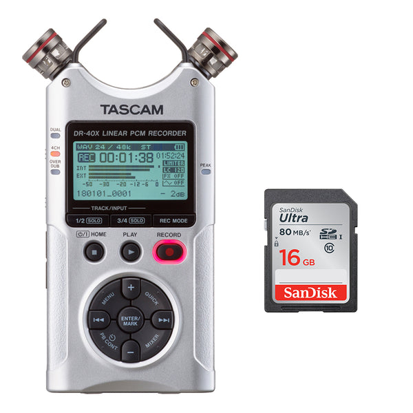 Tascam DR-40X Four-Track Digital Audio Recorder (Silver) with SanDisk 16GB Memory Card Bundle
