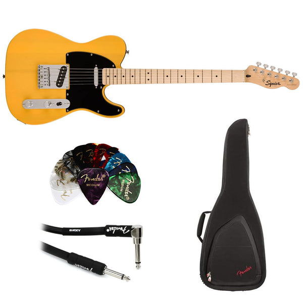 Squier Sonic Telecaster Electric Guitar, Butterscotch Blonde, Maple Fingerboard Bundle with FE620 Electric Guitar Gig Bag, 351 Classic Celluloid Guitar Picks, and Pro Straight/Angle Instrument Cable