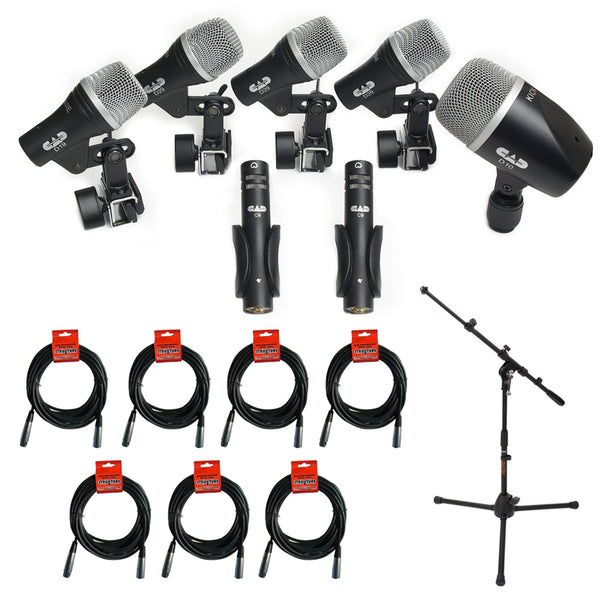 CAD Stage 7 Drum Microphone Pack with Short Tripod Microphone Stand & 7x XLR Cable Bundle