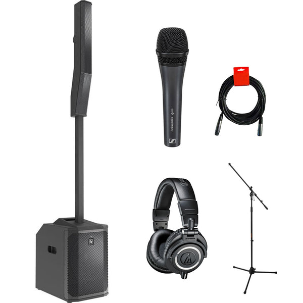 Electro-Voice EVOLVE 50M Portable 1000W Subwoofer and Column Speaker Kit with Bluetooth (Black) with Sennheiser e 835 Handheld Mic,ATH-M50x Monitor Headphones, MS-5230F Tripod Mic Stand, and XLR-XLR Cable