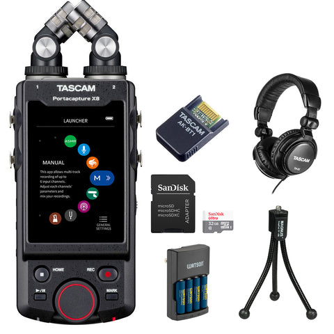 Tascam Portacapture X8 6-Input Handheld Multitrack Recorder Bundle with TASCAM AK-BT1 Bluetooth Adapter, 32GB Memory Card, Tripod, Studio Headphones and Rapid Charger with 4 AA NiMH Batteries