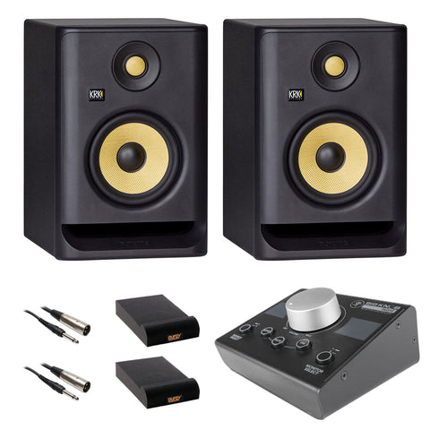 KRK ROKIT 5 G4 5" 2-Way Studio Monitor (Pair) Bundle with Mackie Big Knob Monitor Controller, 2x Small Pads & 2x TRS-XLR Cable