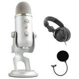 Blue Yeti Silver Plus Pack Professional Multi-Pattern USB Microphone for Recording & Streaming with Software Bundle, Polsen Studio Monitor Headphones and Pop Filter
