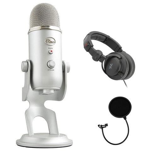 Blue Yeti Silver Plus Pack Professional Multi-Pattern USB Microphone for Recording & Streaming with Software Bundle, Polsen Studio Monitor Headphones and Pop Filter