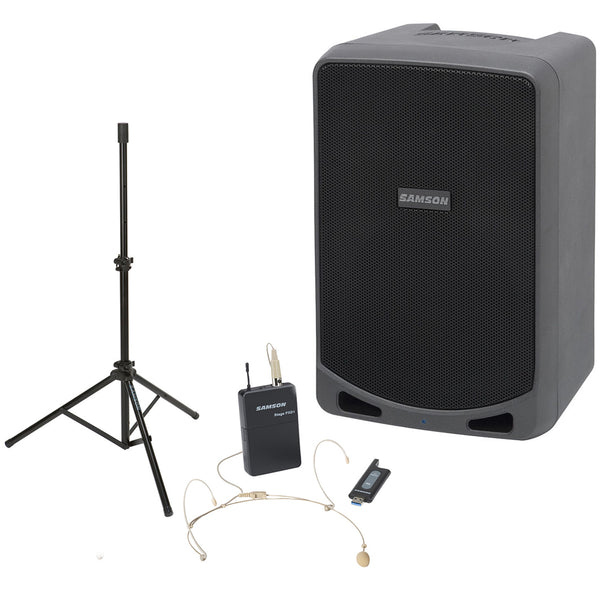 Samson Expedition XP106wDE Portable PA System with Wireless Headset & Bluetooth Bundle with Samson LS40 Lightweight Speaker Stand