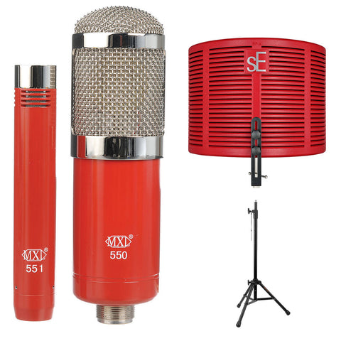 MXL 550/551 Microphone Ensemble Kit (Red) Bundle with sE Electronics RF-X Reflexion Filter X (Red) Bundle and Auray RFMS-580 Reflection Filter Mic Stand