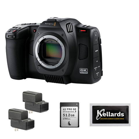 Blackmagic Design Cinema Kamera 6K (BM-CINECAM60KLFL) Bundle with Angelbird 512GB Memory Card, Genaray 2x NP-F770 4400mAh Batteries & 2x Compact Chargers Kit and Anti-Static Screen Cleaning Wipes