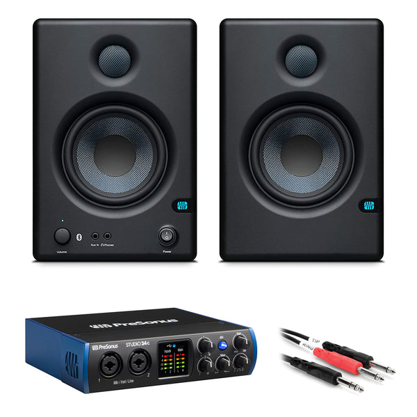 PreSonus ERIS BT 4.5 Bluetooth Media Monitors (Pair) with 2x Isolation Pad (Small) & 3.3' Stereo Male Y-Cable Bundle