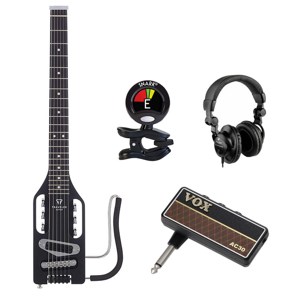 Traveler Guitar ULE BKM Ultra-Light Solid-Body Electric Guitar with VOX amPlug G2 Guitar Amp, HPC-A30 headphones & Clip-on Tuner Bundle