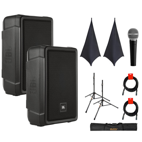 JBL IRX108BT Compact Powered 8" Portable Speaker, Bluetooth (Pair) Bundle with 2x On-Stage SSA100 Speaker Stand Skirt, Auray SS-47S-PB Steel Speaker Stands and Carrying Case, Vocal Mic, and 2x XLR-XLR Cable