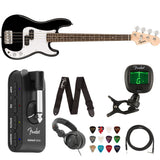 Squier by Fender Mini Precision Bass- Laurel (Black) Bundle with Fender Mustang Micro Headphone Amp, Guitar Strap, 10ft Instrument Cable, FT-1 Clip-On Tuner, 12-Pack Picks, and Headphone