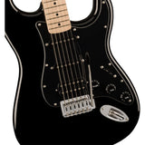 Squire Sonic Stratocaster Electric Guitar, Black, Maple Fingerboard, Black Pickguard Bundle with Fender Logo Guitar Strap Black, Fender 12-Pack Celluloid Picks, and Straight/Angle Instrument Cable