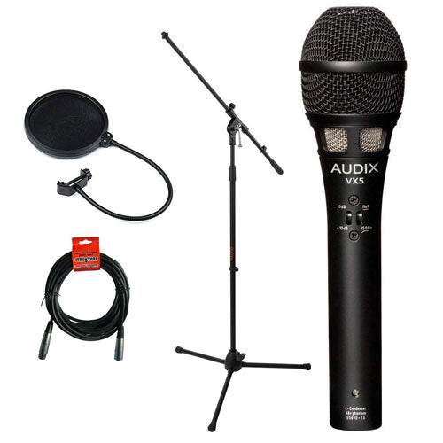 Audix VX5 Cardioid Handheld Condenser Microphone with MS-5230F Tripod Microphone Stand, Fixed Boom, XLR-XLR Cable and Pop filter