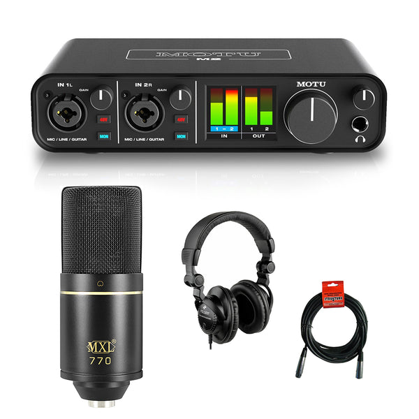 Motu M2 2x2 USB Audio Interface with MXL 770 Cardioid Microphone (Black), HPC-A30 Studio Monitor Headphones & XLR Cable Bundle