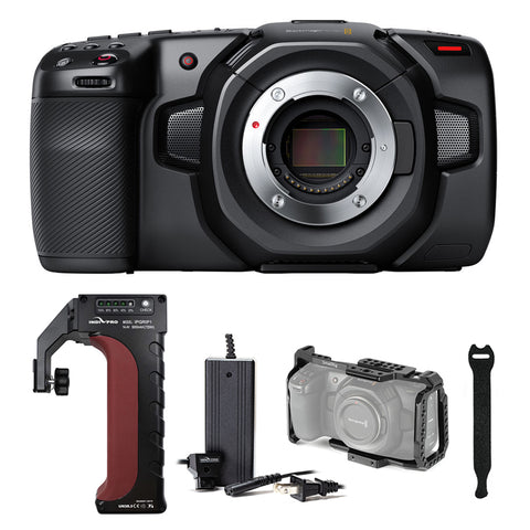 Blackmagic Design Pocket Cinema Camera 4K with IndiPRO Power Grip, D-Tap Battery Charger, Full Frame Cage & Straps Bundle