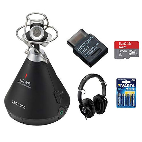 Zoom H3-VR Handy Audio Recorder with Built-In Mic Array, BTA-1 Bluetooth Adapter, 32GB Memory Card, LR6 4-Pack Battery & Studio Headphones Bundle