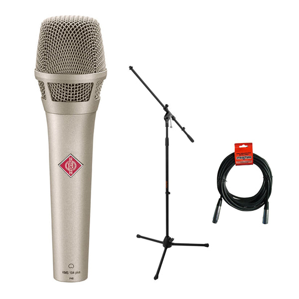 Neumann KMS104 Plus Handheld Stage Microphone (Nickel) with Tripod Microphone Stand & XLR Cable Bundle
