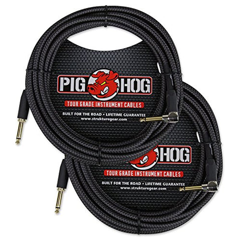 Pig Hog PCH20BKR Black Woven Instrument Cable, 20ft Right Angle - 2 Pack