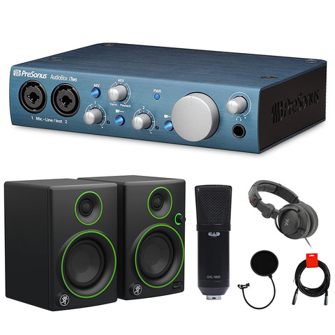 PreSonus AudioBox iTwo USB 2.0 Recording Interface Bundle with Mackie CR3 3" Woofer Monitors (Pair), Condenser Microphone, Polsen Headphones, Pop Filter and XLR Cable