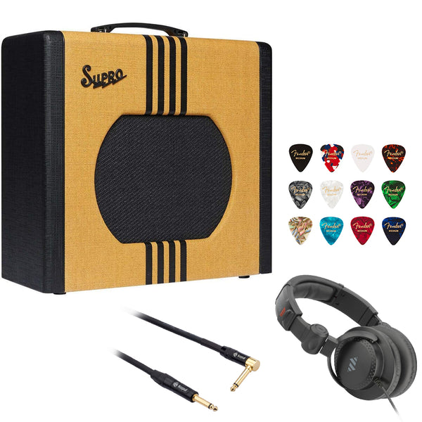 Supro 1822RTB Delta King 12 15W Tube Guitar Combo Amp (Tweed and Black) Bundle with Kopul Phone to Phone Instrument Cable (10') and Fender 12-Pack Classic Celluloid Guitar Picks