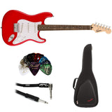 Squier Sonic Stratocaster HT Electric Guitar, Torino Red, Laurel Fingerboard, White Pickguard Bundle with FE620 Electric Guitar Gig Bag, 351 Classic Guitar Picks, and Straight/Angle Cable