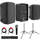 JBL Professional EON208P Portable All-in-One 2-way PA System (8-Channel Mixer and Bluetooth) Bundle with Auray SS-47S-PB Speaker Stand with Tripod Base and Carrying Case, Superlux Vocal Microphone, and 2x XLR-XLR Cables