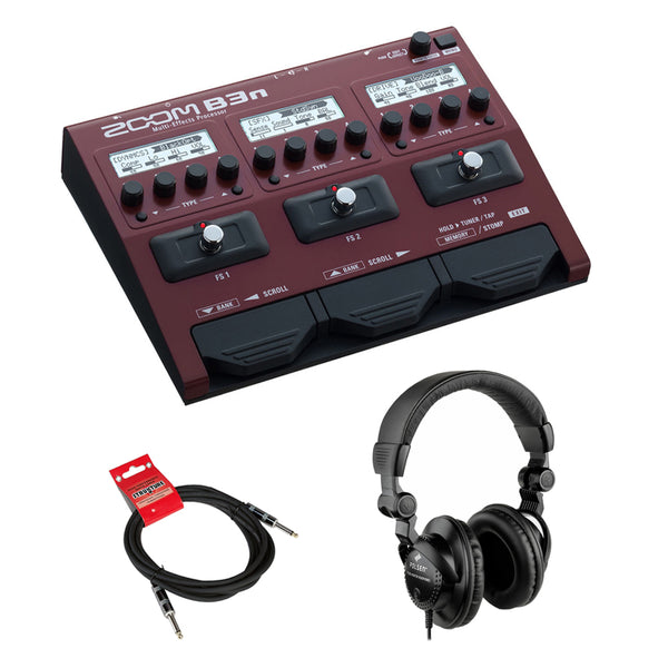 Zoom B3n Multi-Effects Processor for Bassists with Polsen HPC-A30 Monitor Headphones & 10ft Instrument Cable Bundle
