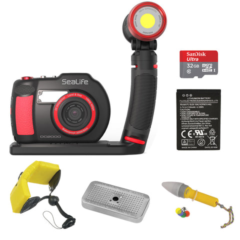 SeaLife DC2000 Pro 2500 Camera & Dive Light Set with Sealife Li-Ion Battery for DC2000, 32GB Memory Card, Floating Strap, Gel Metal Case & Spotter Bundle