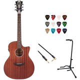 D'Angelico 6 String Acoustic-Electric Guitar, Right, Natural (DAPLSG200MAHCP) Bundle with Fender 12-Pack Guitar Picks, Kopul Phone to Phone (1/4") Cable and Gator Single-Guitar Stand