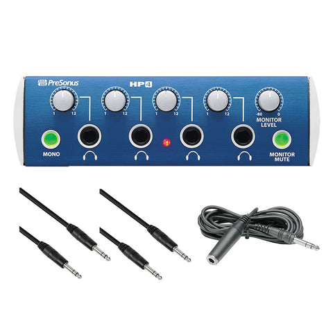 PreSonus HP4 4-Channel Headphone Distribution Amplifier with 10' PM-TRS 1/4" TRS Cable, 2-pcs & 10' Headphone Extension Cable Bundle