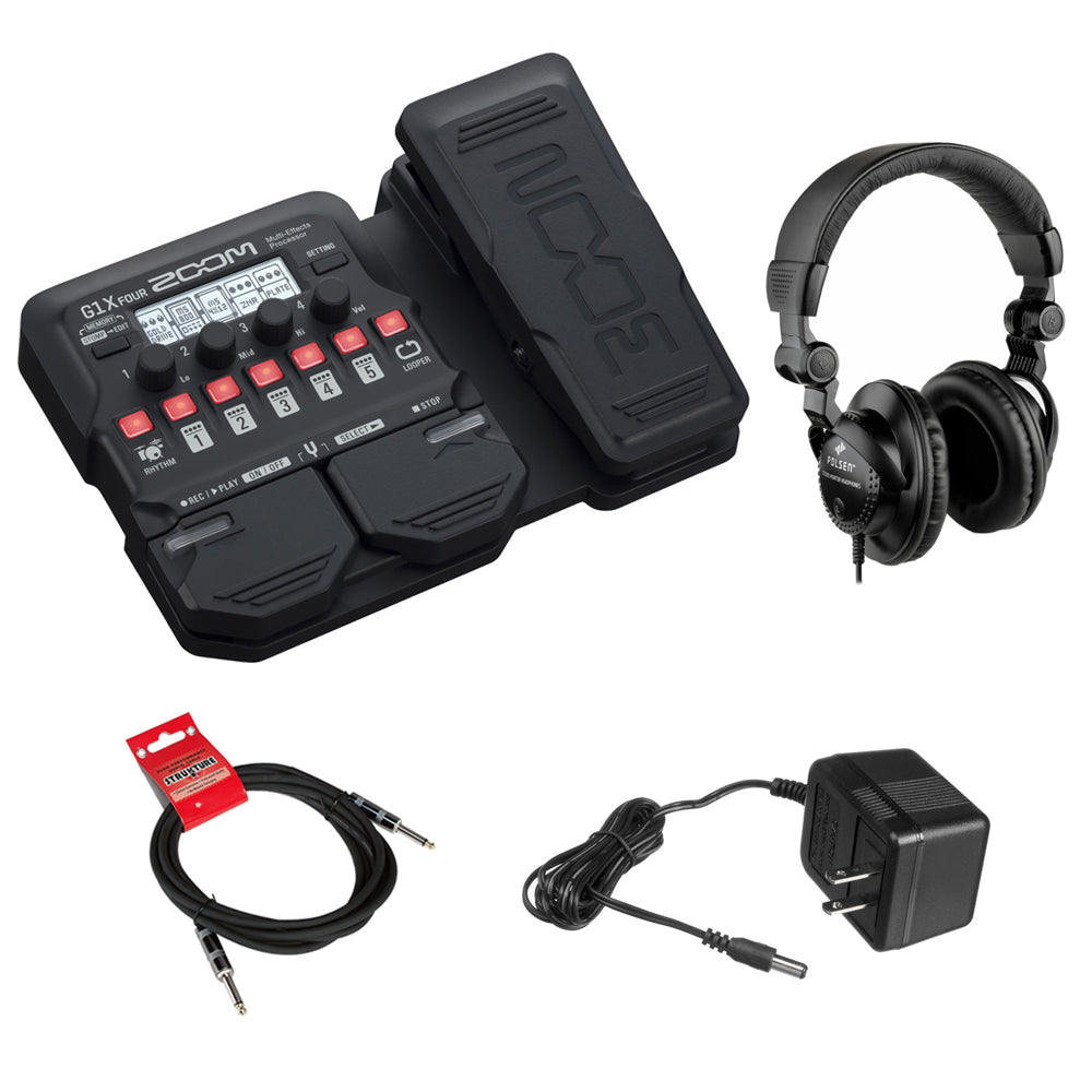zoom g1x four multi effect-pedal Zoom G1X Four Guitar Effects Processor (Built-In Expression Pedal) with Polsen Hpc-a30 Monitor Headphones, 9V Power Adapter & 10ft Instrument Cable