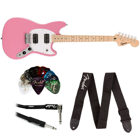 Squier Sonic Mustang Electric Guitar with Flash Pink, Maple Fingerboard Bundle with Fender Logo Guitar Strap Black, Fender 12-Pack Celluloid Picks, and Straight/Angle Instrument Cable