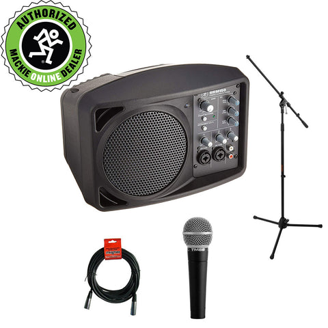 Mackie SRM150 5" Compact Active PA System with TM58 Dynamic Vocal Microphone, Tripod Mic Stand & XLR Cable Bundle