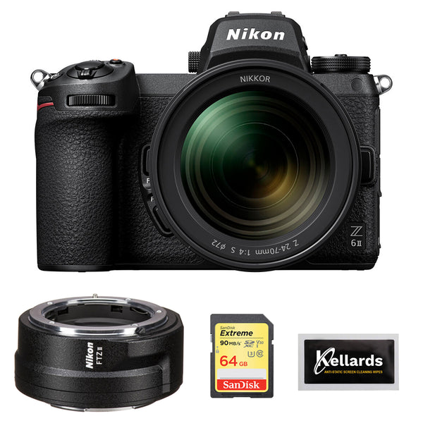 Nikon Z6 II Mirrorless Camera with 24-70mm f/4 Lens (1663) Bundle with Nikon FTZ II Mount Adapter, 64GB Extreme Memory Card, and 5-Pack Wipes