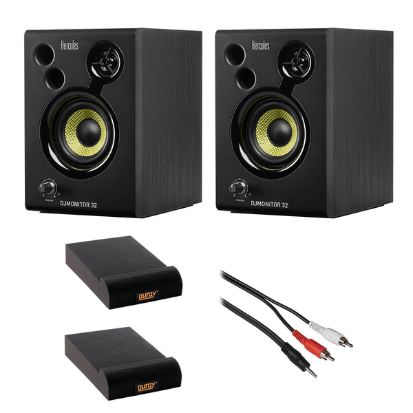 Hercules DJMonitor 32-3" Active Multimedia Speakers (Pair) with Small Isolation Pad (2) & Stereo Male RCA Y-Cable 3' Bundle
