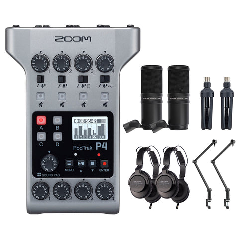 Zoom PodTrak P4 Portable Multitrack Podcast Recorder Bundle with 2x Zoom ZDM-1 Podcast Pack & 2x S3 ZOOM Boom Arm