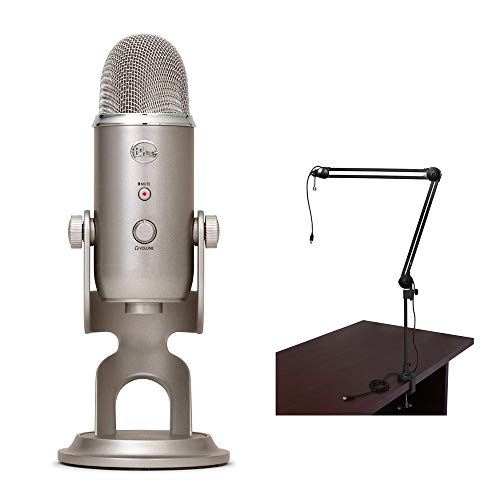 Blue Yeti USB Microphone (Platinum) with BAI-2U Two-Section Broadcast Arm plus Internal Springs & USB Cable Bundle