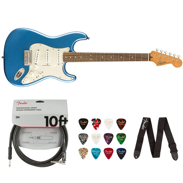 Squier by Fender Classic Vibe 60's Stratocaster (Laurel, Lake Placid Blue) Bundle with Fender 10ft Cable (Straight/Straight), Fender Guitar 12-Pack Picks, and Fender 2" Guitar Straps