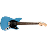 Fender Squire Sonic Mustang Electric Guitar, California Blue, Laurel Fingerboard Bundle with Classic Celluloid Guitar Picks, 12-Pack, Professional Instrument Cable (10ft) and Logo Guitar Strap.