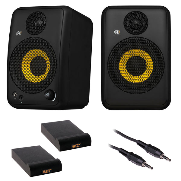 KRK GoAux 4 Portable Near-Field 2-Way Studio Monitor (Pair) Bundle with Auray IP-S Isolation Pad (Pair) and Mini to Mini Stereo Cable