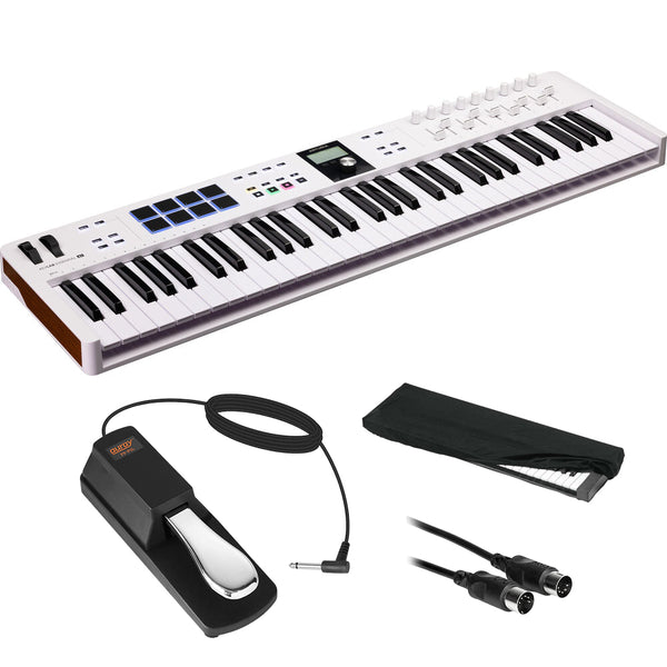 Arturia 231531 KeyLab Essential mk3 61-Key Universal MIDI Controller and Software (White) Bundle with Auray FP-P1L Sustain Pedal, Hosa MID-310 MIDI Cable, and Medium-Size 61-67 Keys Cover for Piano