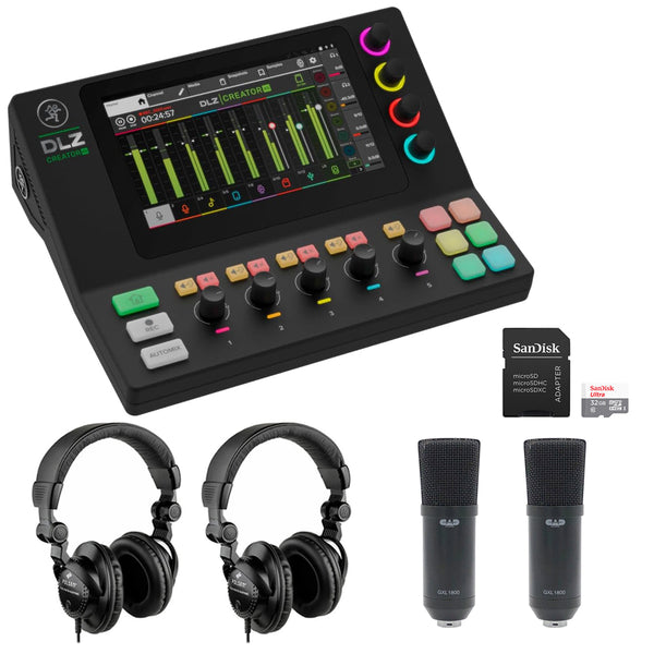 Mackie DLZ Creator XS Adaptive Digital Streaming Mixer Bundle with 2x HPC-A30 Studio Monitor Headphones, 2x CAD GXL1800 Side-Address Studio Condenser Microphone and SanDisk 32GB Memory Card