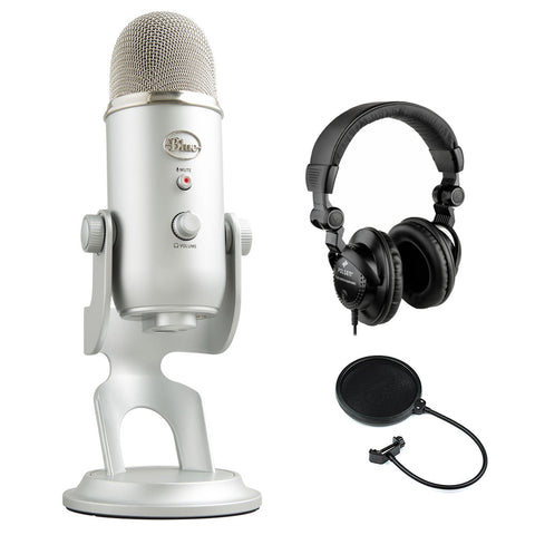 Blue Yeti Podcaster Kit with USB Microphone, Hindenburg DAW, Polsen HPC-A30 Monitor Headphones & Pop Filter Bundle