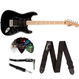 Squire Sonic Stratocaster Electric Guitar, Black, Maple Fingerboard, Black Pickguard Bundle with Fender Logo Guitar Strap Black, Fender 12-Pack Celluloid Picks, and Straight/Angle Instrument Cable