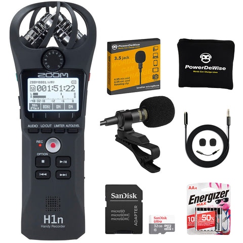 Zoom H1n-VP Portable Handy Recorder with Windscreen, AC Adapter, USB Cable & Case (Black) Bundle with PowerDeWise Pro Lavalier Mic Clip, 32GB Memory Card and AA Alkaline Batteries Pack