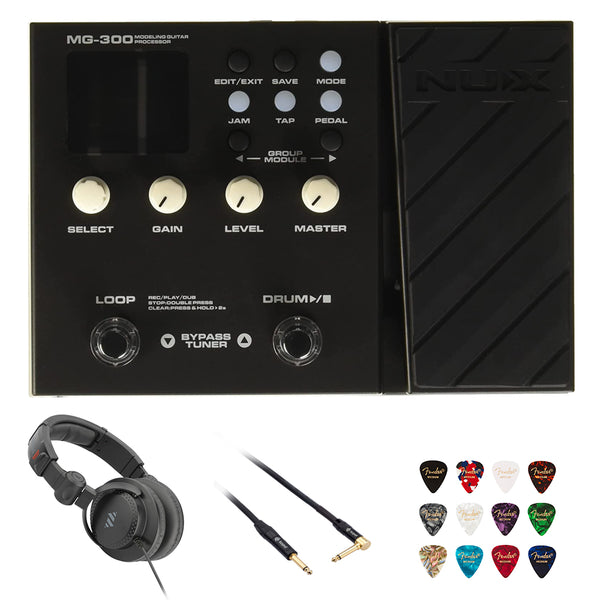 NUX MG-300 Multi Effects Pedal TSAC-HD Pre-Effects Bundle with Polsen HPC-A30-MK2 Studio Monitor Headphones, Kopul 10' Instrument Cable, and Fender 12-Pack Picks