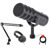 Samson Q9U XLR/USB Dynamic Broadcast Microphone Bundle with Rode PSA1 Studio Boom Arm, Polsen Studio Headphones, and XLR-XLR Cable