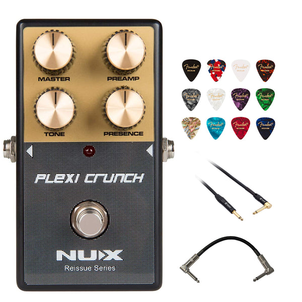 NUX Plexi Crunch Guitar Distortion Effect Pedal Bundle with Kopul 10' Instrument Cable, Strukture S6P48 6" Patch Cable Right Angle, and Fender 12-Pack Picks